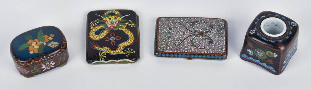 Four Chinese Cloisonne Pieces: All circa 1900-1930's, including two cigarette cases. Both spring loaded, one with floral and one with dragon decoration, floral on copper, dragon on brass, 2 1/2" x 3 1/2" x 1/2" thick; 2 3/4" x 2