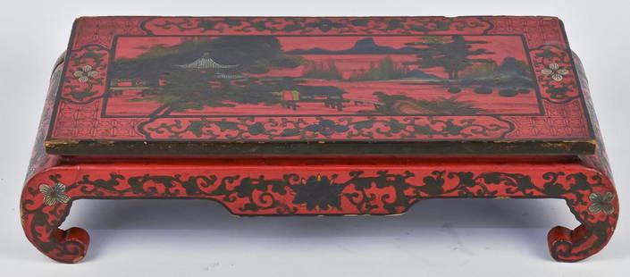 Chinese Lacquered Stool: 19th century with polychrome landscape with buildings and floral surround on red ground, bat wing scrolled legs and cut-out base, with floral decoration. 4 1/2" h.x 18"w. x 8"d.A few minor edge