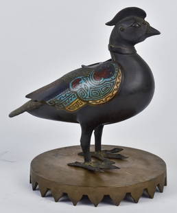 Chinese Cloisonne Bird: Late 19th century, likely a pheasant on brass body with polychrome enameling. 8" high on separate round Chinese brass base, 6 1/2" diameter x 1" high. Fine condition.