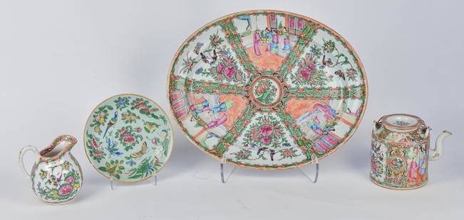 Chinese Rose Medallion Porcelain: Lot of 4, including a fine teapot with silk covered wire bale handles, unmarked, 4 1/2" diameter x 5 1/4" high, less handles. Plus fine unmarked oval platter with alternating panels of figures in