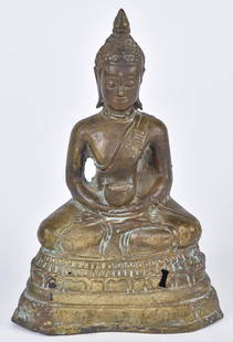 Khymer Bronze Buddha: Seated in lotus position with both hands in lap holding a bowl, pointed crown, seated on lotus flower base, fine old patina, 5" x 3" x 7 1/2" high. Condition, one small place on base where mold did