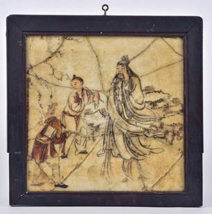 Chinese Painted Marble Tablet: Late 18th or early 19th century with polychrome painted landscape with three figures on translucent veined white marble, in original teak frame, with painted inscription on reverse with red chop