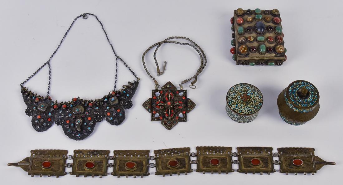 Six Pieces Middle Eastern Jewelry Plus: Including silver necklace mounted with coral, MOP & tourquois, its pendant is 3 1/2" square with chain it is 13" long; plus 2nd silver necklace, mounted with coral & tourquois, three part pendant, 8" 