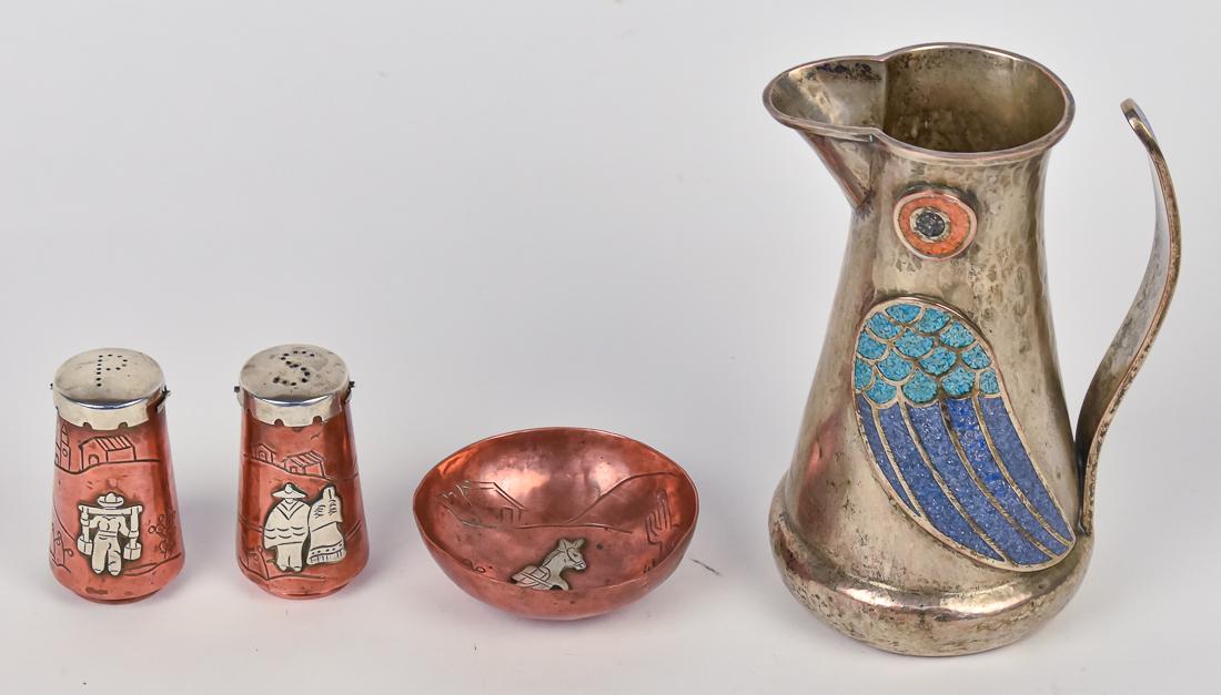 Mexican Silver on Copper Pieces Plus: Lot of 4, including a silver plated copper creamer in form od parriot with inset semi-presious stones in tail, wings and eyes, marked on base Cobre-Platago Saritosco Mexico, 6 1/2" high; plus three pi