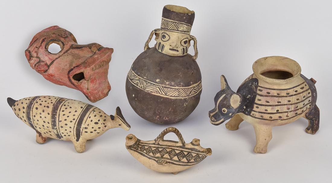 Five Pieces of Early Mesoamerican Pottery: All figural and polychrome painted, including dog jar, central America, human jar, south America and two animals, one animal head, one missing head with old museum accession number on base. Human jar 