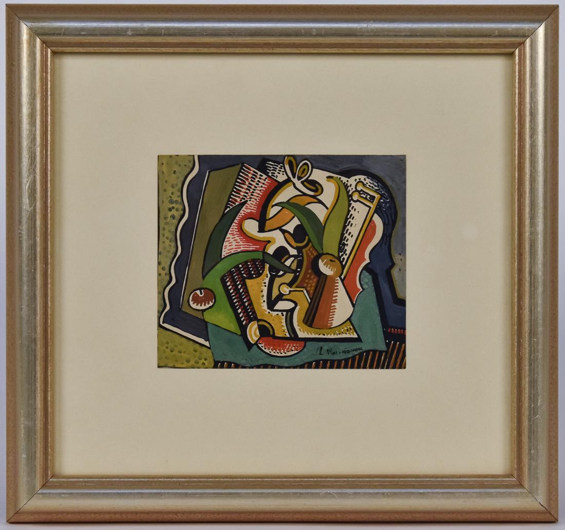 Louis Wolchonok (NY) Gouache Painting: Louis Wolchonok (New York 1898 0 1973) 4" H x 4 1/2" W gouache and watercolor painting of Cubist Abstract. Signed lower right, "L. Wolchonok." Wolchonok was a painter and author of books. He was a soc