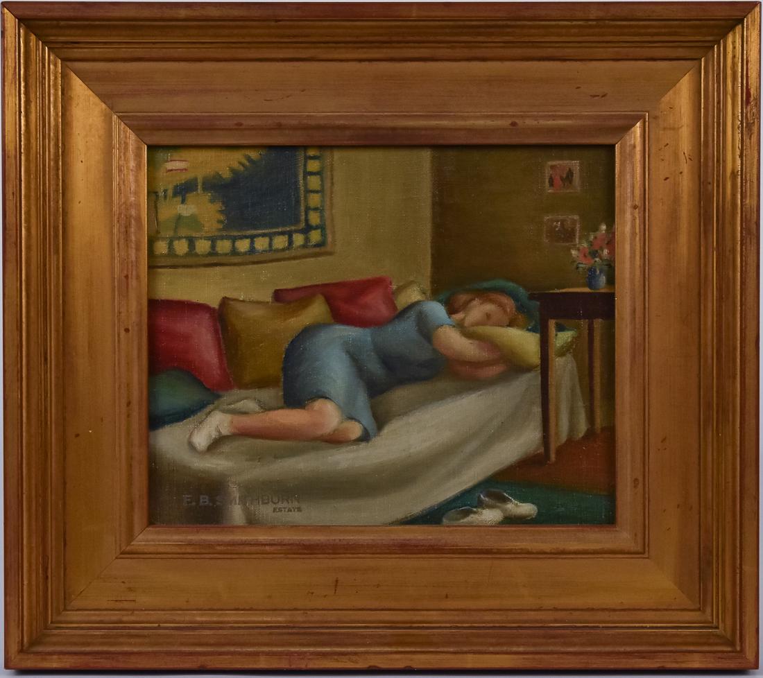 Florence B. Smithburn (Indiana) Oil Painting: Florence Bartley Smithburn (Indiana 1904 - 1989) 8" H x 10" W oil on board of interior scene with lady resting, signed lower right, "F.B. Smithburn Estate." Florence was born in New Augusta, Indiana.