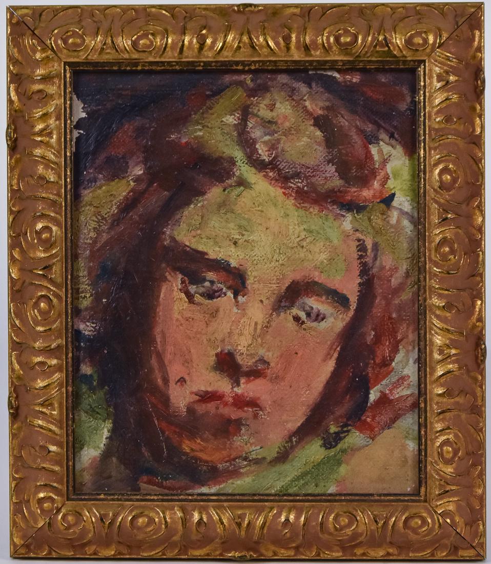 Wilder Darling (Ohio/Holland) Oil Painting: Wilder Darling (Ohio/Holland 1856 - 1933) 10" H x 8" W oil on canvas laid on later board of Post-Impressionist painting of girl, unsigned, on canvas, penciled on verso, "Wilder Darling." Good conditio