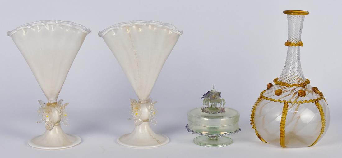 Lot of Early Venetian Glass: Lot of four, including a fine pair of fan vases with applied flowers and flaired bases,snapped pontils, 8 3/4" high; plus swil ribbed decanter with applied amber riggory decoration, snap pontil, 9 1/2