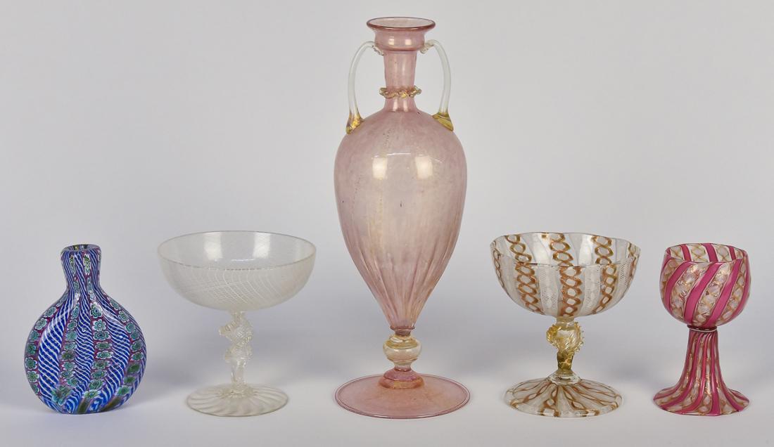 Lot of Early Venetian Glass: Lot of five, including three ribbon glass goblets/wines, two with mica, all with snap pontils, 4 1/4" high; plus pink footed vase with gold flecking, applied rigory decortion and handles, snap pontil,