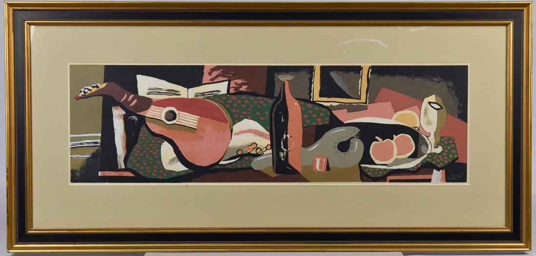 Vintage George Braque Silkscreen: 10 1/2" H x 34" W silkscreen of still life. Frame 21" H x 45" W. Good condition.