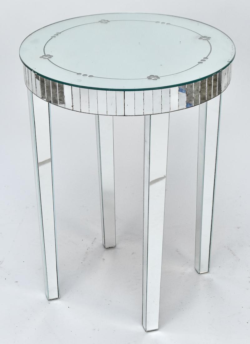 Mirrored Lamp Table: All surfaces covered with mirrors, circular with floral etching on top, tapered legs, 20" diameter x 26" high. Condition minor flaking, else Fine.