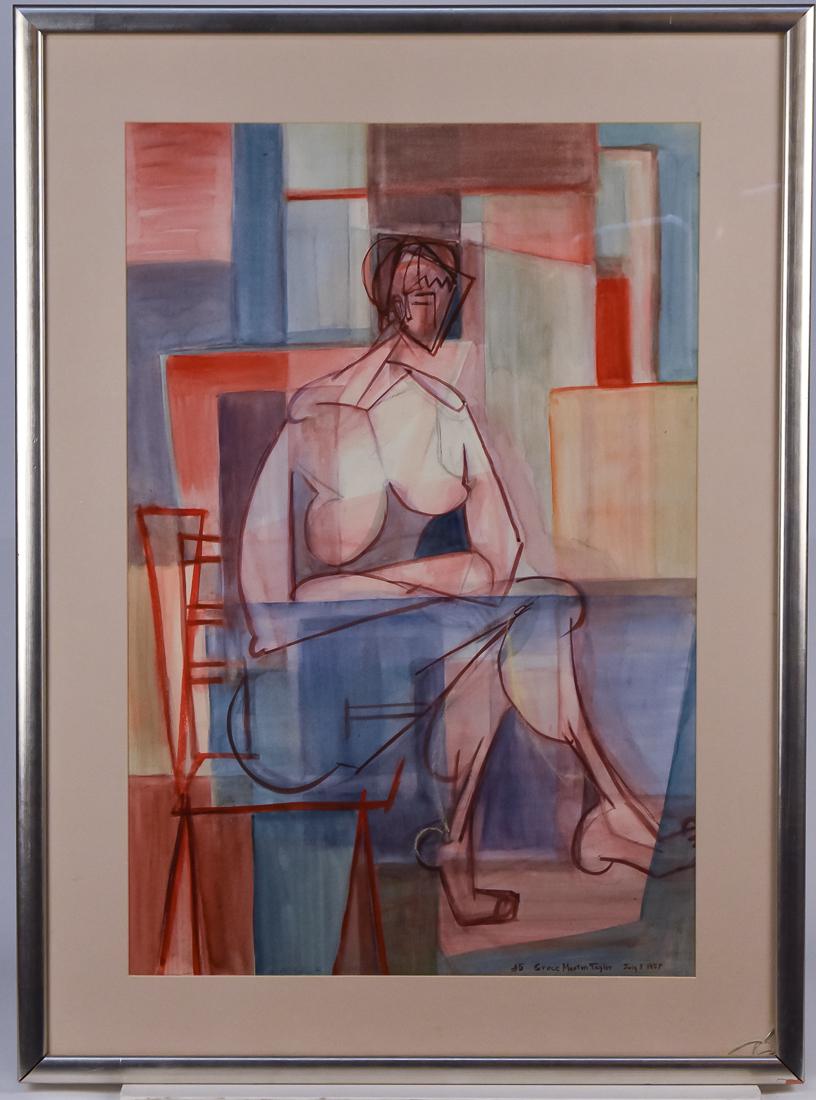 Grace Martin Taylor (WV) Watercolor Painting: Grace Martin Taylor (West Virginia 1903 1995) 29" H x 20" W sight, watercolor on paper of cubist abstract nude lady. Signed lower right, "#5 Grace Martin Taylor," and dated, "July 3, 1957." Grace was 