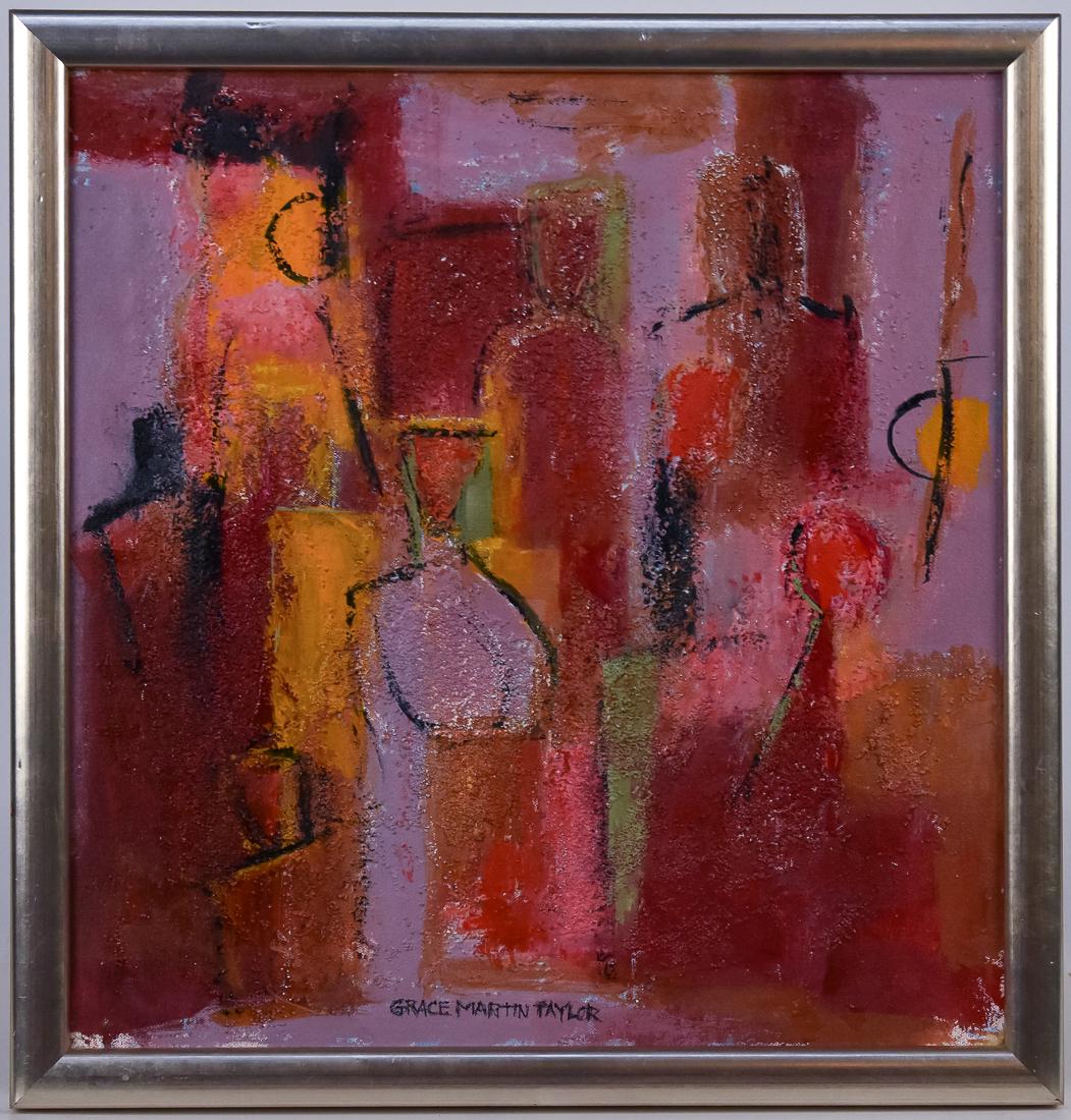 Grace Martin Taylor (WV) Acrylic Painting: Grace Martin Taylor (West Virginia 1903 - 1995) 17 1/2" H x 17" W acrylic and sand on board titled, "Red Vibrations." Signed lower middle, "Grace Martin Taylor." Grace was born in Morgantown in 1903 a
