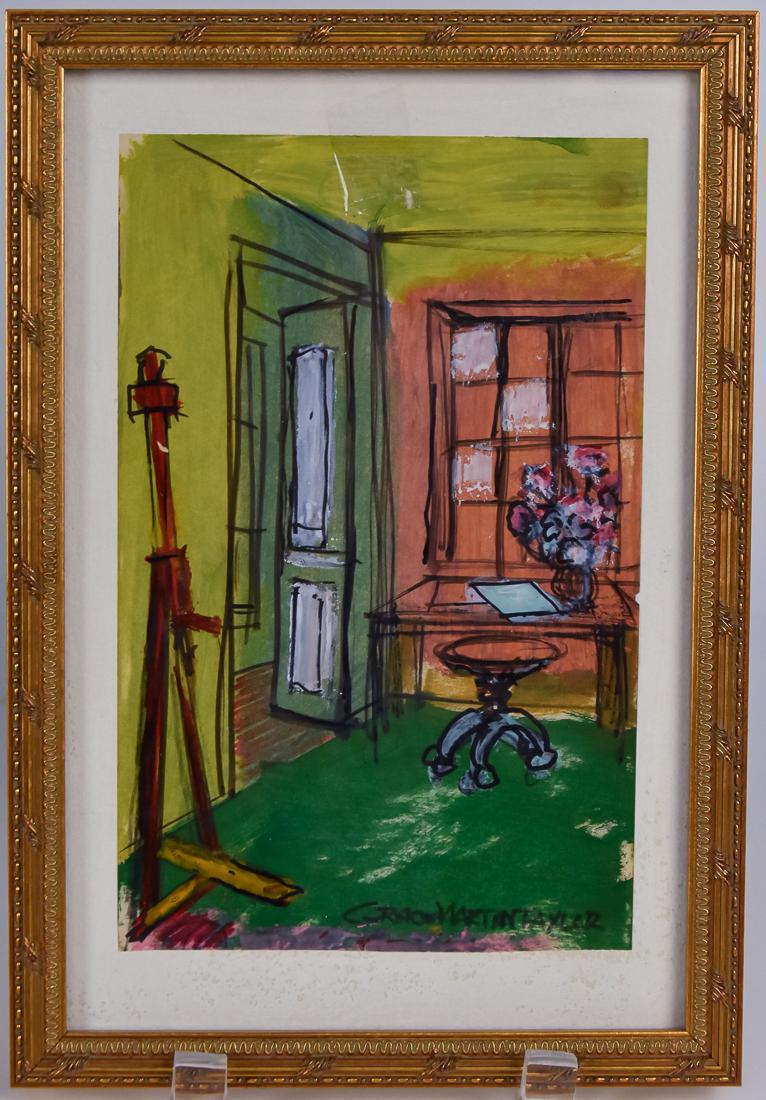 Grace Martin Taylor (WV) Gouache Painting: Grace Martin (Frame) Taylor (WV 1903-1995) 8" x 15" gouache painting of studio interior with easel. Signed lower right, "Grace Martin Taylor." Grace was born in Morgantown in 1903 and graduated from W
