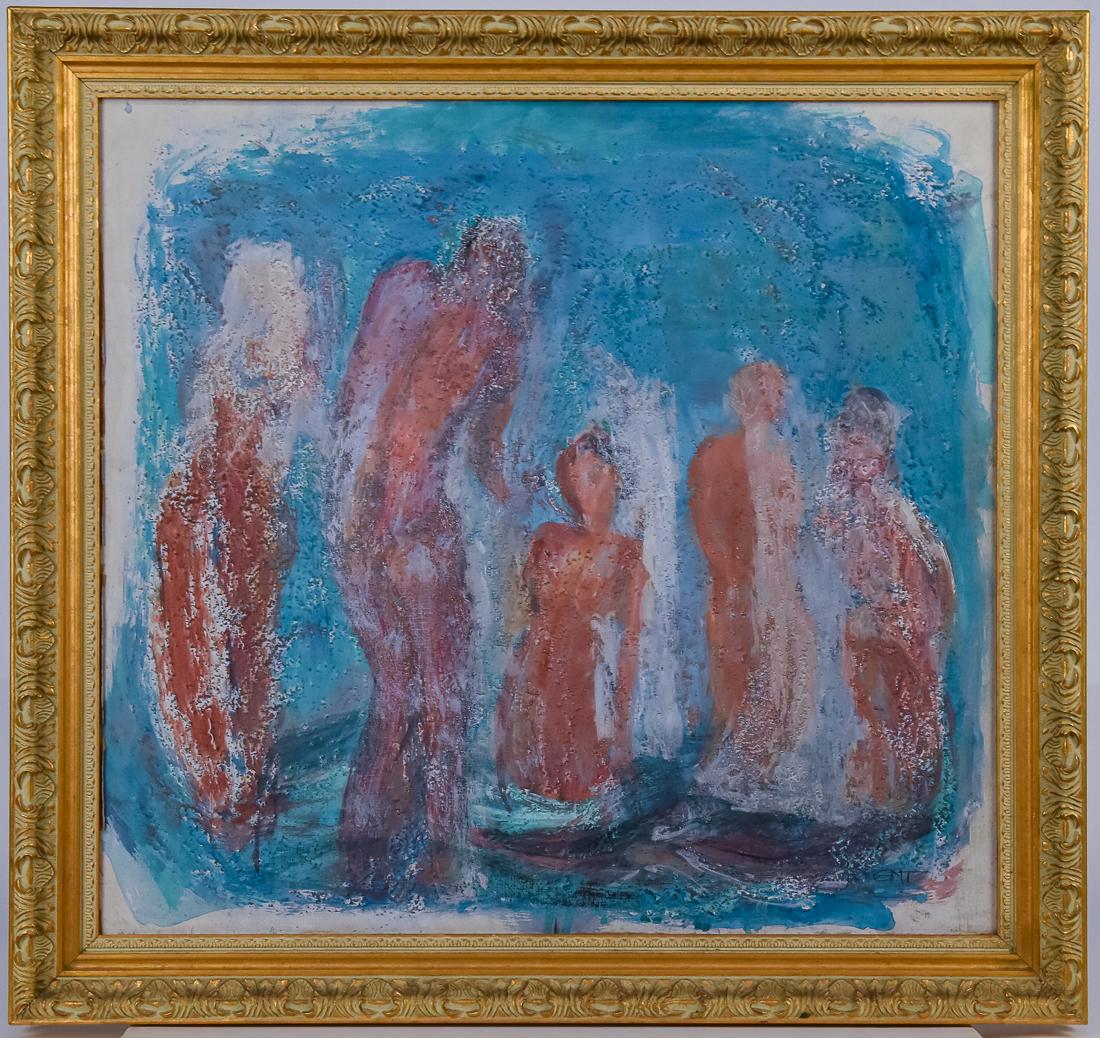 Grace Martin Taylor (WV) Painting: Grace Martin Taylor (WV 1903 - 1995) 22 1/4" H x 23 1/4" W gouache and sand painting on board of nude bathers. Monogrammed lower right, "G.M.T." Grace was born in Morgantown in 1903 and graduated from