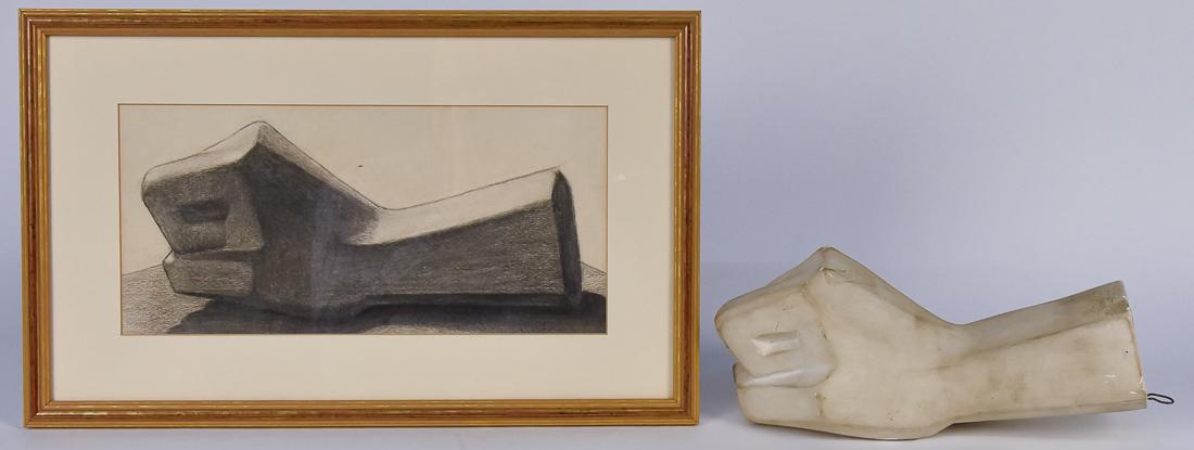 Lillian Kilbourne (OH/KY) Drawing & Sculpture: Lillian Kilbourne (Cincinnati, Ohio/Ft. Mitchell, KY) 6 1/4" H x 13 1/4" W graphite drawing on paper of a hand. Also included is the original 11" plaster sculpture of the hand used for the drawing. A 