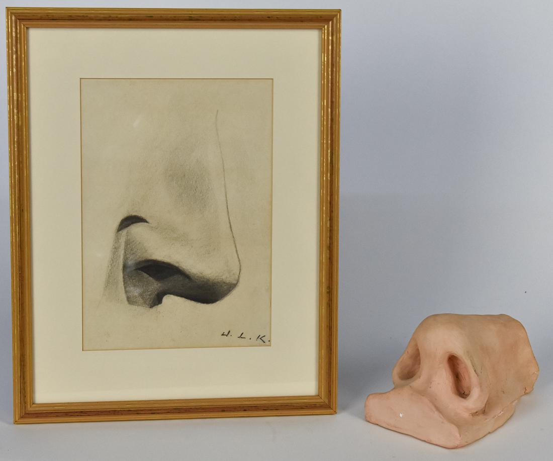Lillian Kilbourne (OH/KY) Drawing & Sculpture: Lillian Kilbourne (Cincinnati, Ohio/Ft. Mitchell, KY) 10" H x 7" W graphite drawing on paper of a nose, monogrammed lower right, "J.L.K." Also included is the original 6 3/4" clay sculpture of the nos