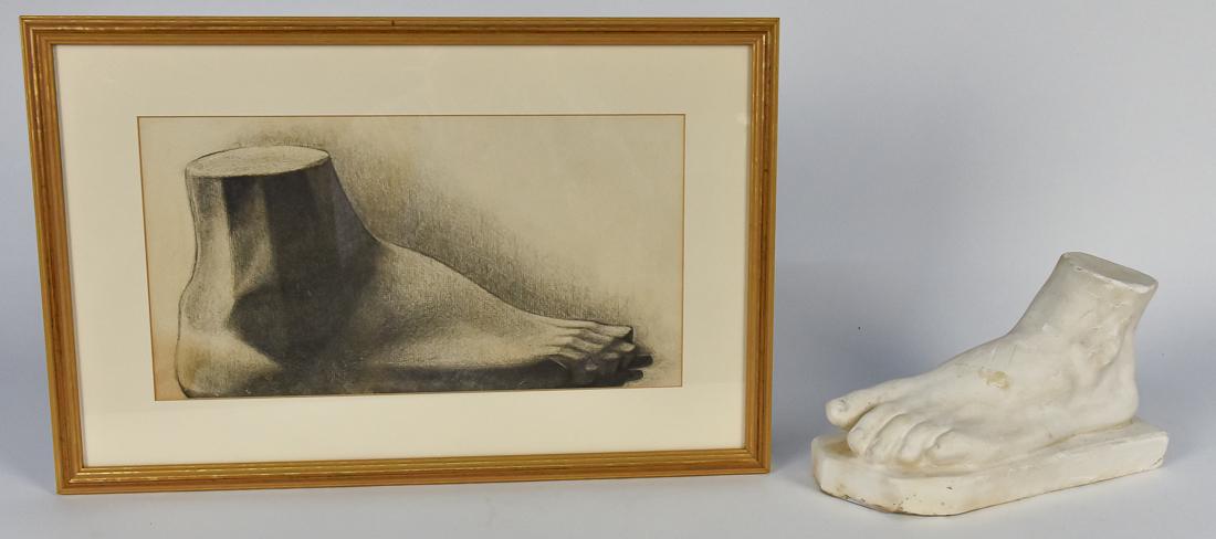 Lillian Kilbourne (OHKY) Drawing & Sculpture: Lillian Kilbourne (Cincinnati, Ohio/Ft. Mitchell, KY) 7 1/2" H x 14 1/2" W, sight, graphite drawing of a foot, unsigned. Also included is a 10" plaster sculpture of the foot used as the prop in the gr