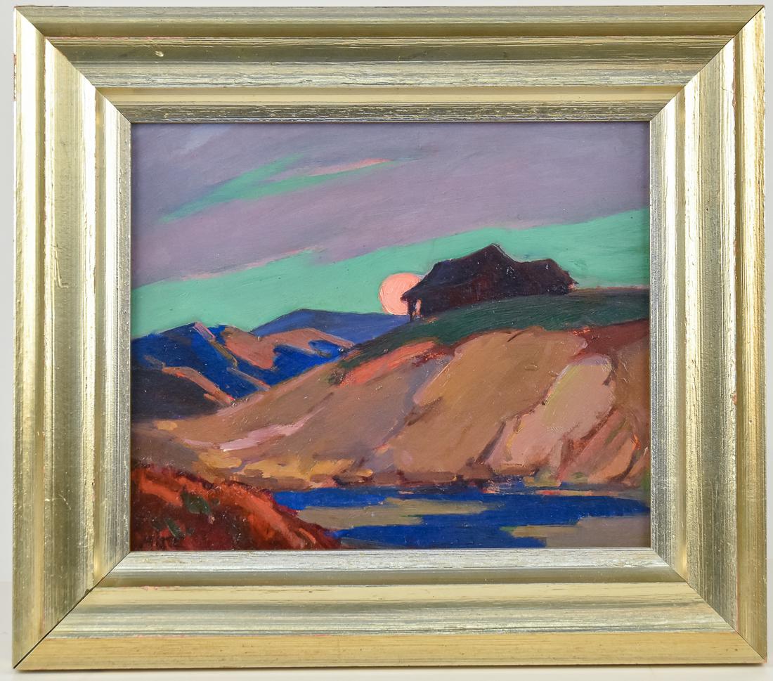 Stephen Alke (Ohio) Oil Painting: Stephen Alke (Ohio 1874 - 1941) 10" H x 12" W oil on board of landscape with home. Signed lower left, "Alke." Alke was born in Augusta, KY. He studied at the Cincinnati Art Academy under Duveneck and 