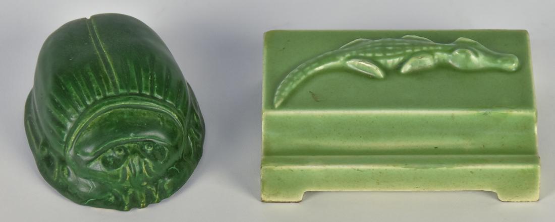 Door & National Tile Art Pottery: Lot of two including a marked Door scarab in green matt glaze, 3 3/4 x 2 7/8 x 1 3/4" high; and pen tray with aligator in green matt glaze, marked "The National Tile Co. Anderson Ind.", 4 1/4 x 3 x 1 