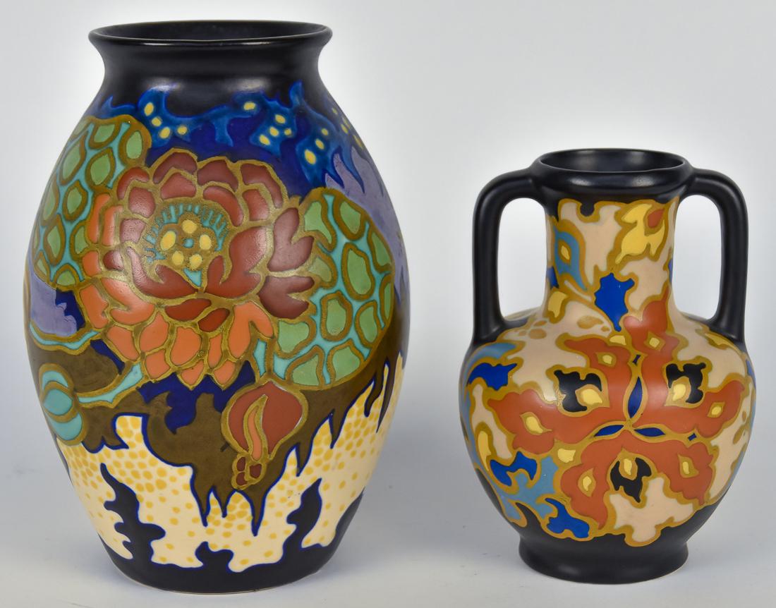 Gouda Art Pottery: Lot of two vases, both artist signed on bases. Including two handled vase, 6 3/4" high and other bulbious vase, 9" high. Both fine condition.