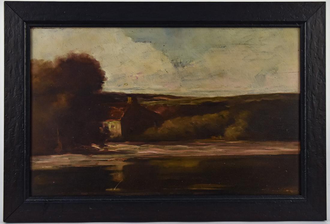Thomas Jefferson Willison (OH, KY) Oil Painting: Thomas Jefferson Willison (OH, KY 1864 - 1910) 10" H x 16" W oil on board of landscape painting with home. Signed lower left, "T. J. Willison." Willison was born in Brent, Kentucky. He studied at the