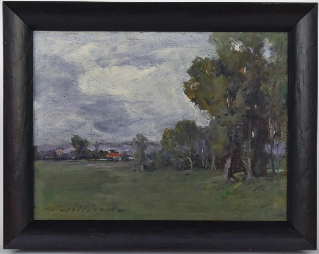 Thomas Jefferson Willison (OH, KY) Oil Painting: Thomas Jefferson Willison (OH, KY 1864-1910) 7 1/2" H x 10" W oil on board titled, "Cloudy Afternoon," signed lower left, "T.J. Willison." Willison was born in Brent, Kentucky. He studied at the Cinci