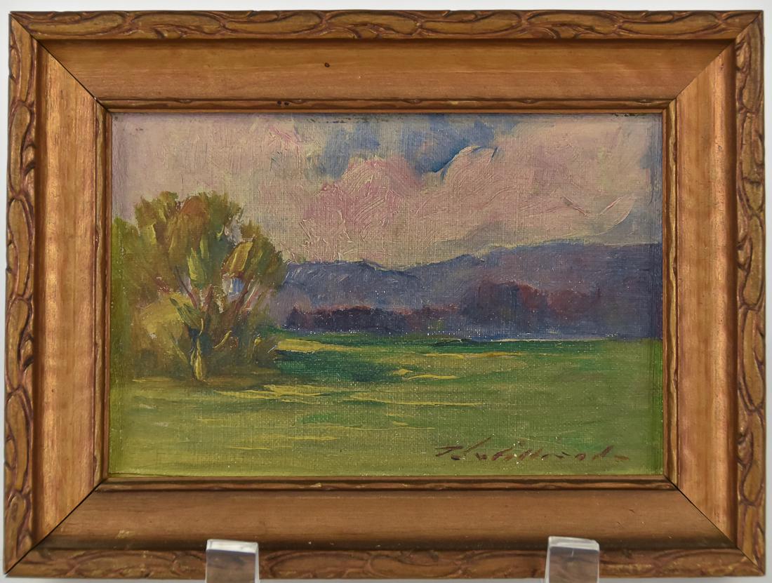 Thomas Jefferson Willison (OH, KY) Oil Painting: Thomas Jefferson Willison (OH, KY 1864 - 1910) 4 1/4" H x 6" W oil on board of landscape painting. Signed lower right, "T.J. Willison." Willison was born in Brent, Kentucky. He studied at the Cincinna