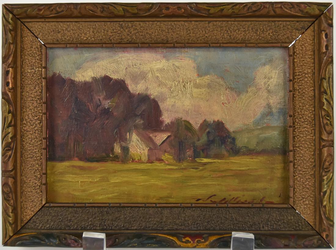 Thomas Jefferson Willison (OH, KY) Oil Painting: Thomas Jefferson Willison (OH, KY 1864 - 1910) 4" W x 6" H oil on board of landscape painting. Signed lower right, "T.J. Willison." Willison was born in Brent, Kentucky. He studied at the Cincinnati A