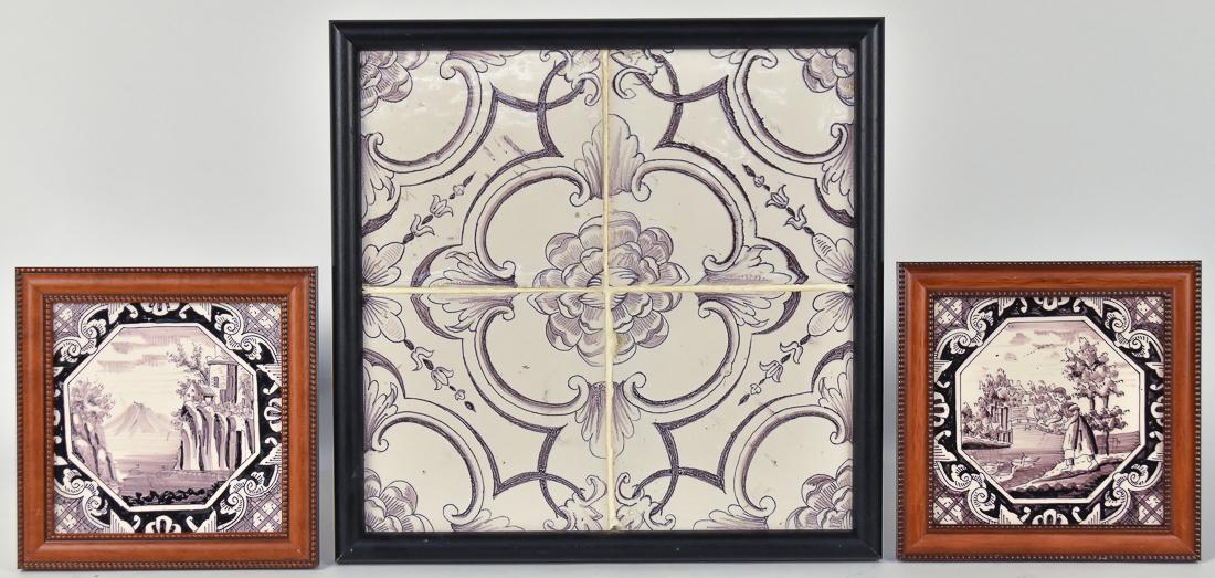 Early Delft Tiles: Lot of 6, all puce (purple) hand painted, including a block of four, forming single floral scroll design, framed, 11 1/2" sqaure; and two landscapes with structures and or figures, framed, 6 1/4" squa