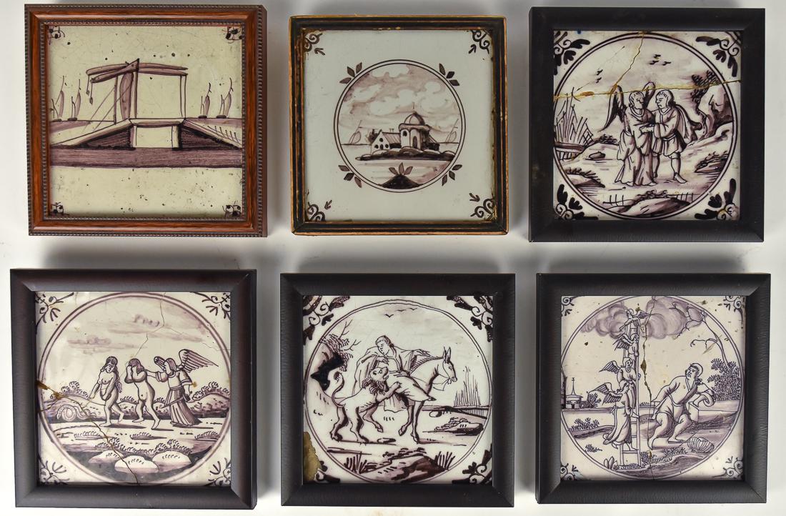 Early Delft Tiles: Lot of six, all puce hand painted and circa 6" square framed, including structures and ships; plus bridge with ships; angel with St. in landscape; plus Angel Gabriel forcing Adam & Eve from Eden; plus