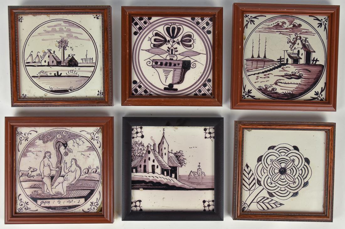 Early Delft Tiles: Lot of six, all puce hand painted and circa 6" square framed, including Eve offering Adam fruit from tree in which snake is entwined; plus three landscapes with structures; plus vase of flowers; and s