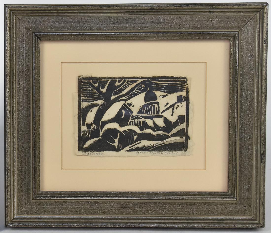Grace Martin Taylor Woodblock: 4" H x 5" H (sight) woodblock titled, "Charleston." Signed lower right, "Grace Martin Taylor," and dated, "'35." Grace was born in Morgantown in 1903 and graduated from WVU. She also studied at the Pe