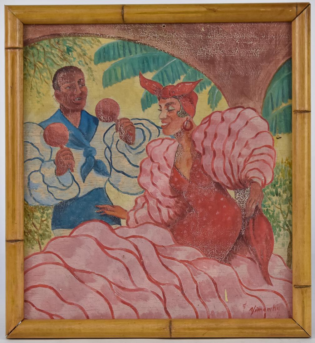 Cukan Dance Scene Oil Painting: 11" H x 10" W oil on wood panel of Cuban dance scene. Signed, "Yimenutti." Light craqulate; otherwise good condition.