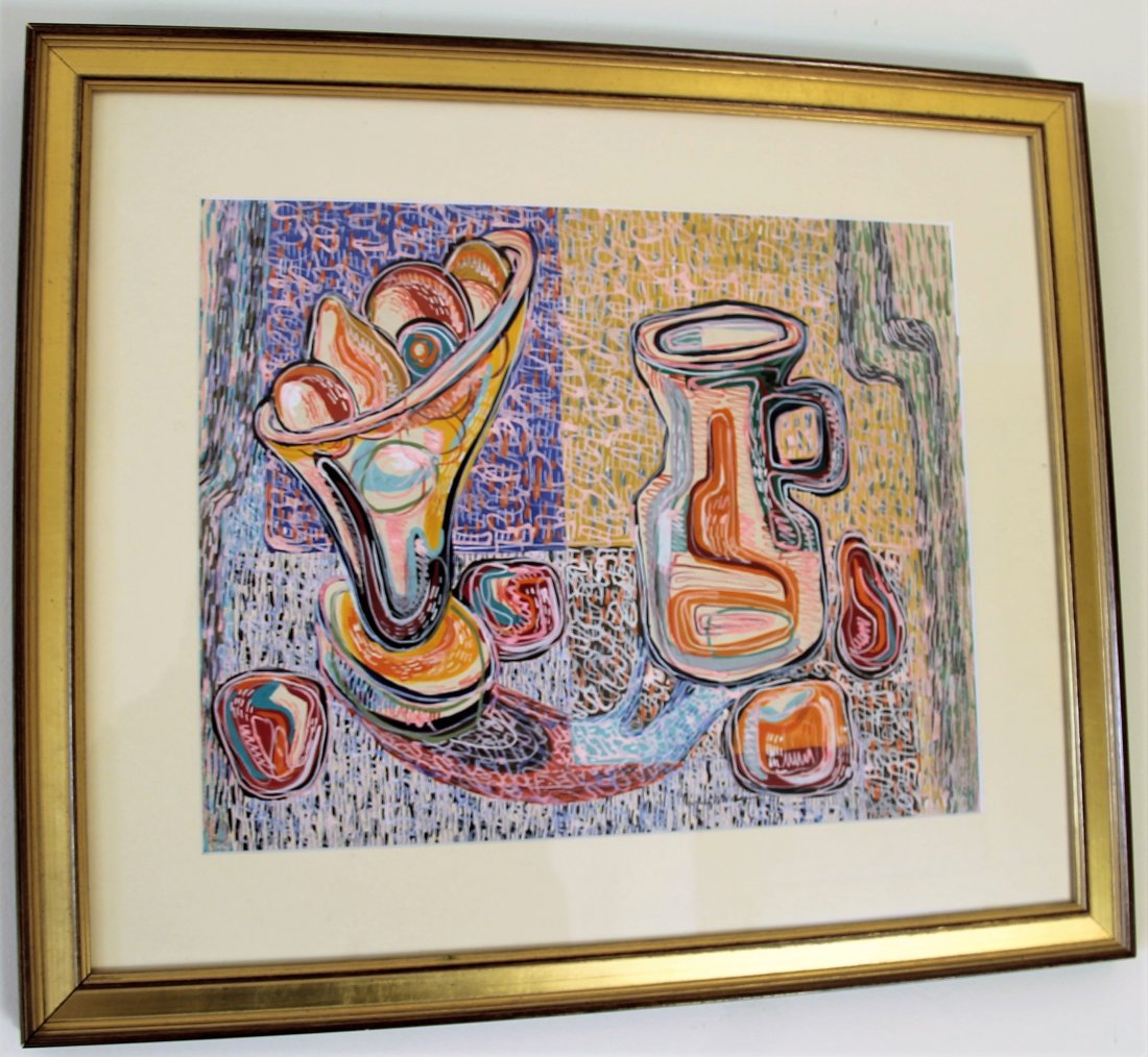 Louis Wolchonok (NY) Gouache Painting: Louis Wolchonok (New York, 1898 - 1973) 12" H x 15" W gouache painting on paper of a still life with fruit. Signed lower middle, "Louis Wolchonok." Good condition.