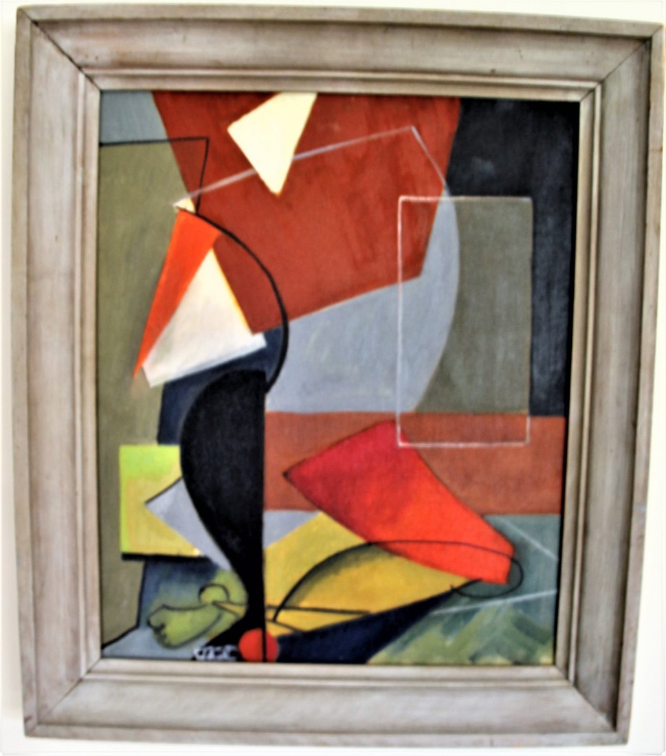 Grace Martin Taylor (WV) Oil Painting: Grace Martin Taylor (West Virginia, 1903 - 1995) 24" H x 20" W oil on canvas cubist abstract style painting. Signed with monogram on verso in pencil, "G.M.T." Grace was born in Morgantown in 1903 and 