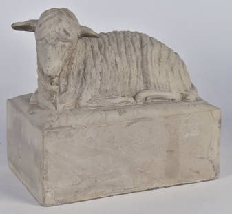 19th Century Folk Art Sculpture of Lamb: Circa 1890 in cast cement, a medium that was new in that period, on plinth with floral relief gound, 8" x 5" x 7 3/4" high. Condition Fine.