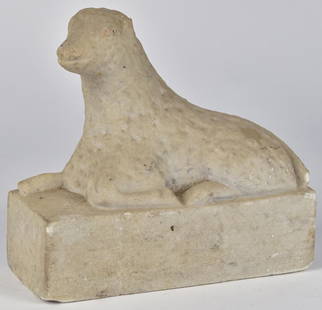 19th Century Folk Art Sculpture of Lamb: Circa 1860-70 in white marble, very folksy carving with head raised high on plinth base, 7 3/4" x 3" x 7 1/4" high. Condition, minor chips, else Fine.