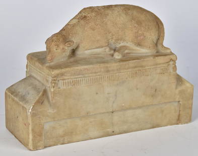 19th Century Folk Art Sculpture of Lamb: Circa 1860-70 in white marble with body reclining and head unusually resting on plinth, 3" x 8" x 5 1/2" high. Condition Fine.