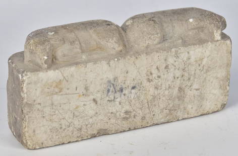 19th Century Folk Art Sculpture of Lambs: Twins, fully reclined facing in opposite directions on plinth, 8" x 2" x 4" high. Condition: one ear chipped, else Fine.