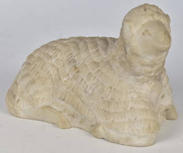 19th Century Folk Art Sculpture of Lamb: Circa 1870, very well done in white marble with raised head and pleasing face, unusually not attched to plinth, 5 7/8" x 3 1/8" x 4" high. Condition: Fine.