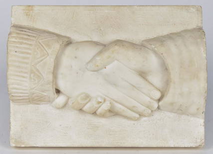 Carved Marble Plaque of Clasped Hands: Mid to late 19th century with male and female hands, cuffs are plain for male and decorated for female, high refile, in white marble, 9" x 6 3/4". Condition: Fine.