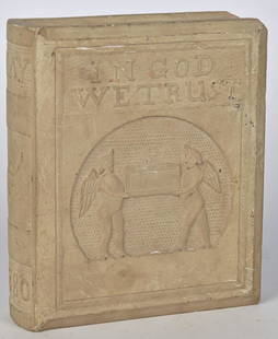 Outstanding Folk Art Carved Limestone Book: Dated May 1880 on spine with oak leaf and acorn, cover with relief carving of two standing nude male angels holding tablet on stippled ground in three quarter arched receased panel with "IN GOD/WE