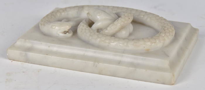 Carved Folk Art Marble Plaque Frog & Snake: 19th century with open mouthed snake coiled around a frog, in high rlief on bevel edged plinth, in white marble, original high polished finish, 6 1/4" x 4". Condition: Fine.