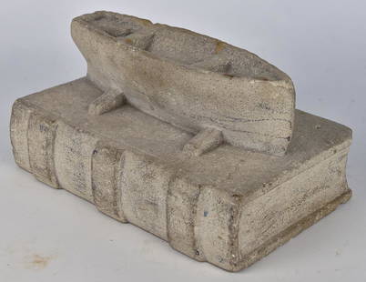 Fok Art Limestone Carved Boat & Book: 19th century, likely made for door stop, a large single piece book with raised spine with a boat atop, 6 1/2" x 10" x 5 1/8" high. Condition: minor chips, else Fine.