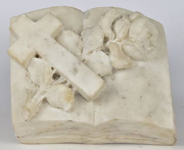 Folk Art Carved Marble Open Book: White marble, late 19th century book lying open with a single rose and cross lying across open pages, 7 1/2" x 6" x 3" high. Condition: fine.