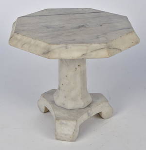 Miniature White Marble Empire Pedestal Table: Circa 1850-60 octagonal thumb molded top and flaired column with tri-corner base with scrolled legs, 9" diameter x 8" high. Condition: fine.