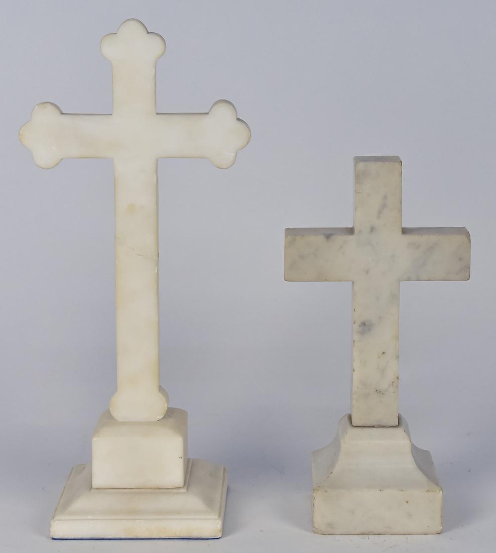 Pair Victorian Stone Crosses: Both white, one in marble and one in alabaster on plinth bases, 10" & 13 3/4" high. Condition: both fine.