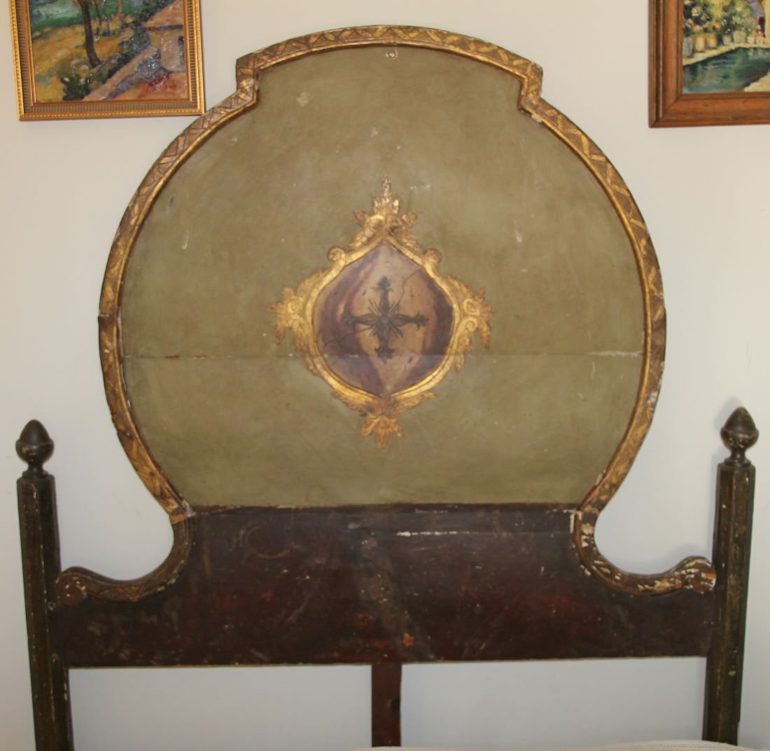 18th Century Italian Headboard: Handpainted gold center medallion. 69" H x 45" W.